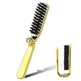 Mini-Haarbürste mit Wildschweinborsten, klein, faltbar, Reisegröße, antistatisch, für Frauen, tragbarer Taschenkamm, Styling-Werkzeug, Bartbürste für Männer (Gold)