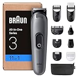 Braun All-in-One Trimmer-Set 3, 11-in-1 Multigroom, Barttrimmer, Nasenhaartrimmer, Haarschneidemaschine für Gesicht und Kopf, 50 Min Akku, 14 Längen (3–21 mm), Wasserdicht, AIO3565, Grau