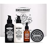 Rinse & Robust Bartpflege Set für Männer - mit Bartbalsam, Bartöl, Bartshampoo und Bartspülung, Bart Pflege Geschenke für Männer Sandelholz